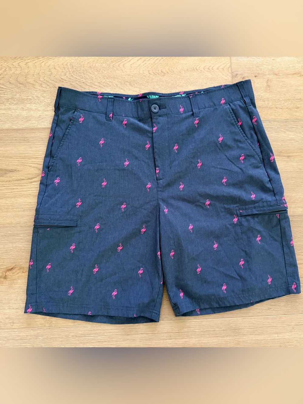 Birdie Bound Men’s Flamingo Print Golf Shorts Size 36 Navy